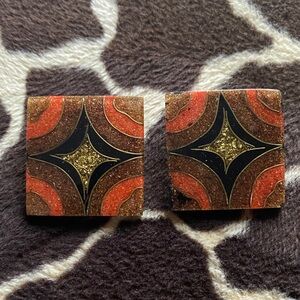 Rare Vintage Inlaid Acrylic Earrings With Gold Tone Trim and Gold Glitter